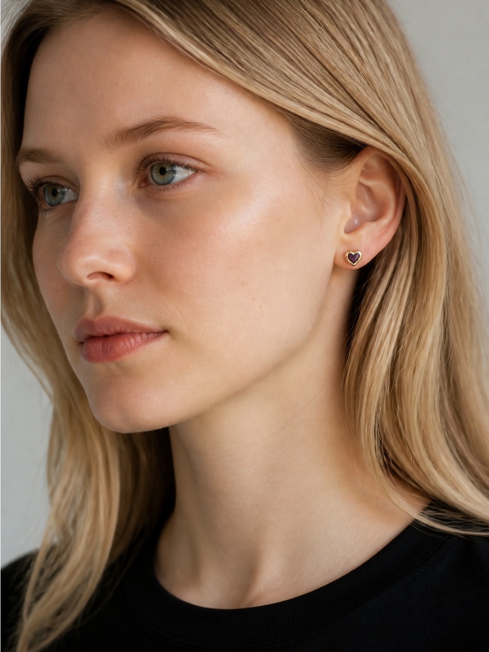 Gold Heart Stud Earrings with purple Center - Elegant Everyday Pair